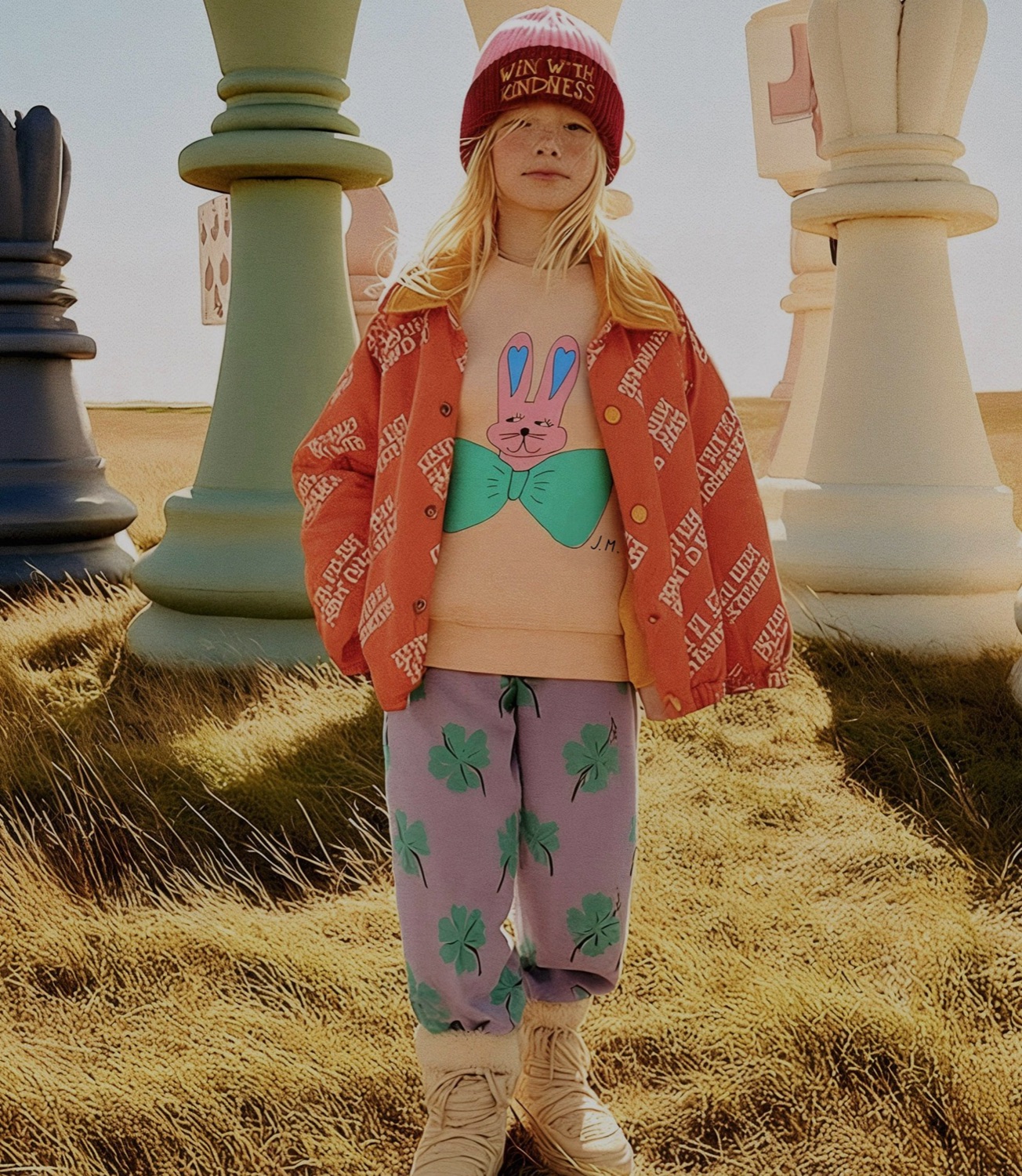 Enfant en tenue colorée dans un champ, campagne Toboggan Kids